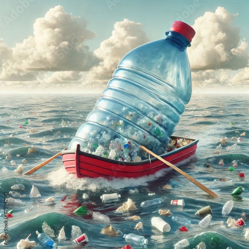 A boat filled with plastic in the ocean. photo