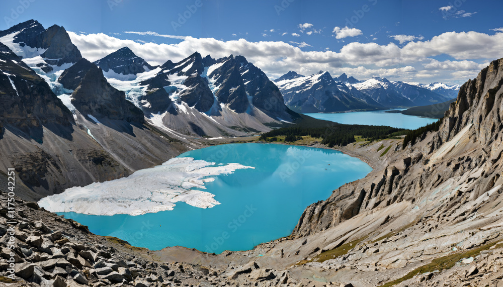 Fototapeta premium Panorama des Rocheuses et leur lac émeraude