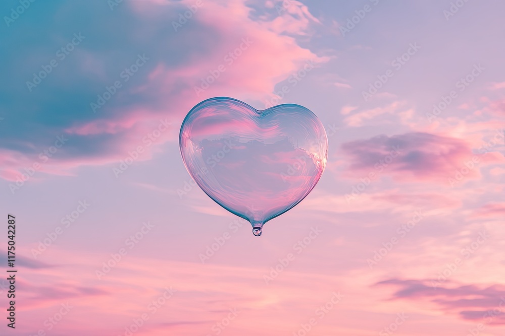 Fototapeta premium A heart - shaped bubble floating in a dreamy pastel sky, with room for text below Valentine’s Day card