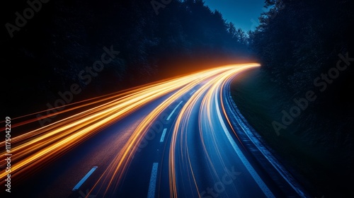 Colorful holographic light trails illuminate a winding road in an evening landscape photo