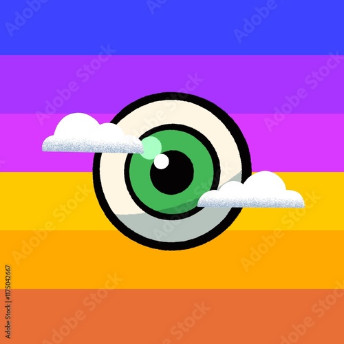 Graphic Colour illustration of an eyeball floating in a cloudy sky at dawn