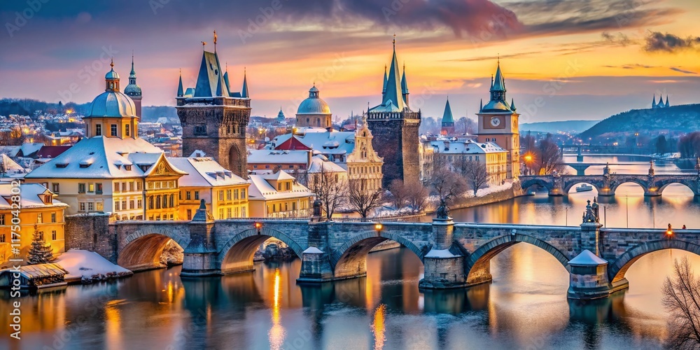 Naklejka premium Panoramic Winter View of Charles Bridge, Prague, Czech Republic