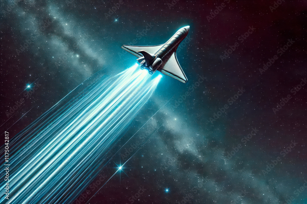 Naklejka premium A space shuttle rushing into the starry sky. Space for text.