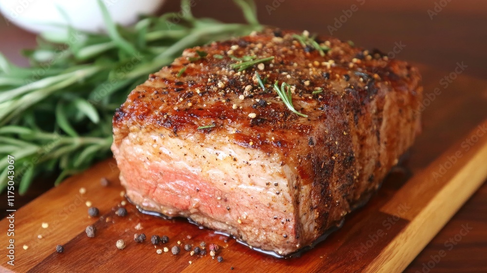 A beautifully cooked steak with a golden crust, resting on a wooden board with fresh herbs and seasoning. A beautifully cooked steak with a golden crust, resting on a wooden board with fresh herbs and seasoning.