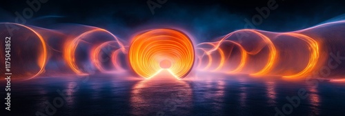 Vibrant holographic tunnel illuminated by an orange light, creating an otherworldly atmosphere