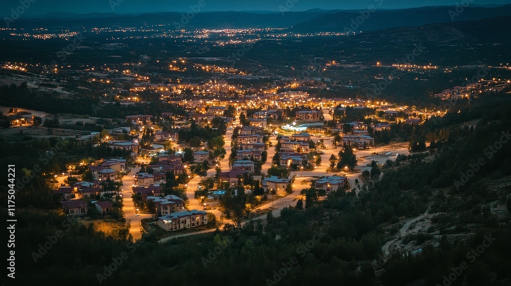 Obraz premium Night Lights Illuminate a Hillside Town, Aerial View