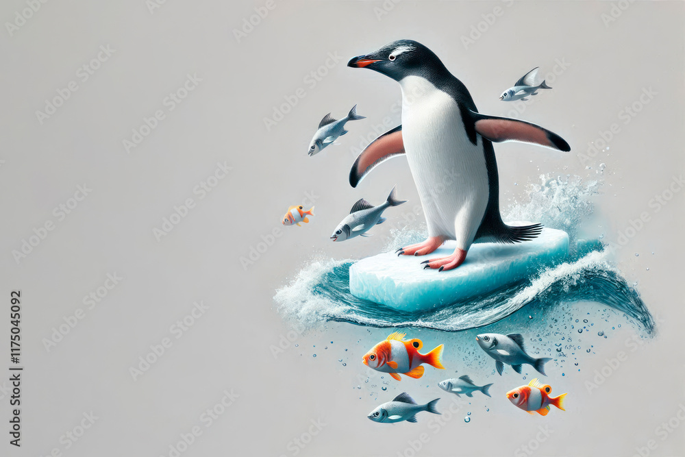 Fototapeta premium Penguin on an iceberg among fish. Space for text.