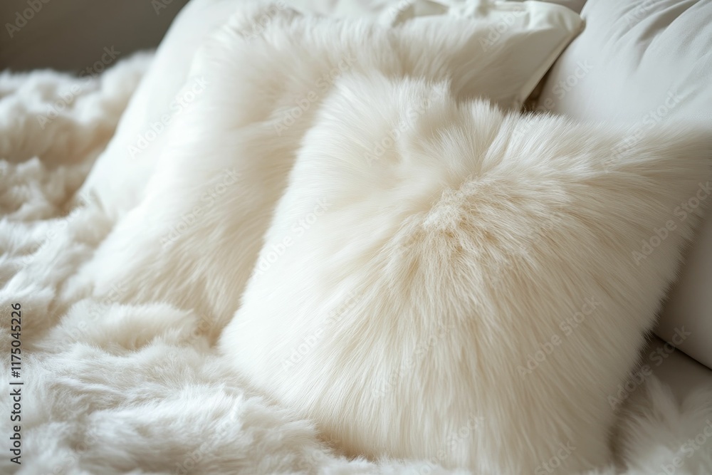 Soft white fur pillows and blanket, cozy bed. Soft white fur pillows and blanket, cozy bed.