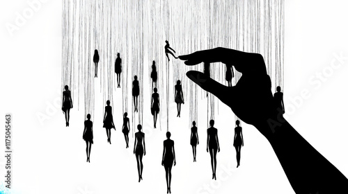 Giant hand picking up woman from group of people hanging on strings