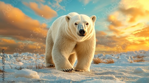 Polar bear walking through snowy landscape at sunrise nature photography arctic environment capturing wildlife serenity photo