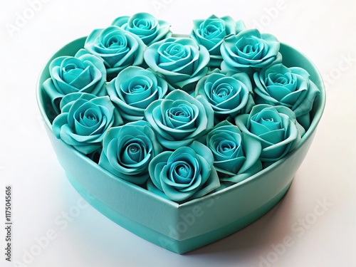 Heart-Shaped Gift Box with Turquoise Roses on White Background - Romantic Valentine's Day Present
