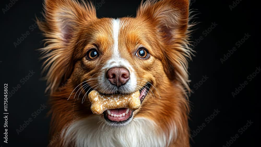 Dog is holding a bone in its mouth. The dog is smiling and he is happy Dog is holding a bone in its mouth. The dog is smiling and he is happy