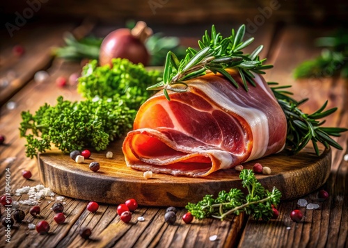 Gourmet Bayonne ham: a high-resolution close-up reveals its exquisite detail, herbs, and low-light ambiance. photo