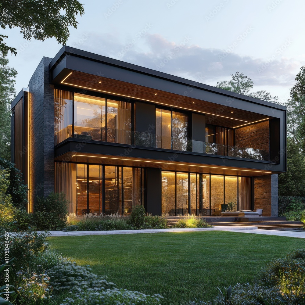 Modern luxury house with sleek design and warm lighting at twilight Modern luxury house with sleek design and warm lighting at twilight