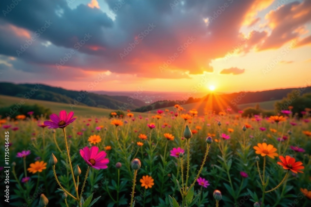 Vibrant wildflowers bathed in the golden hues of a breathtaking sunset over rolling hills, a serene landscape painting of nature's beauty Vibrant wildflowers bathed in the golden hues of a breathtaking sunset over rolling hills, a serene landscape painting of nature's beauty