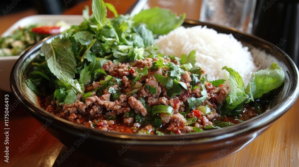 A bowl of spicy minced pork salad larb moo, served with fresh lettuce, mint, and sticky rice. A bowl of spicy minced pork salad larb moo, served with fresh lettuce, mint, and sticky rice.