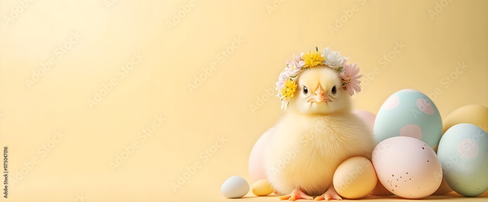 Sweet baby chick wearing yellow flower crown on pastel Easter eggs, ideal for spring greeting cards, Easter promotions, children's designs, social media content and holiday marketing materials Sweet baby chick wearing yellow flower crown on pastel Easter eggs, ideal for spring greeting cards, Easter promotions, children's designs, social media content and holiday marketing materials