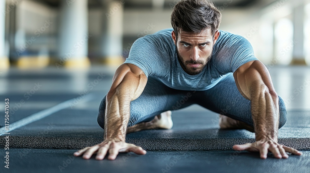 Muscular man in low starting position, intense gaze. Muscular man in low starting position, intense gaze.