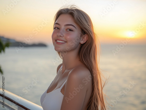 radiant tourist woman on luxurious cruise ship's deck, elegantly dressed, gazes at breathtaking sunset over sparkling Mediterranean sea, as warm hues of evening sky paint a picture