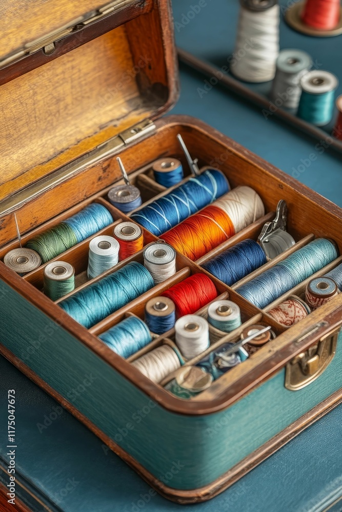 Wooden box filled with colorful thread spools. Wooden box filled with colorful thread spools.