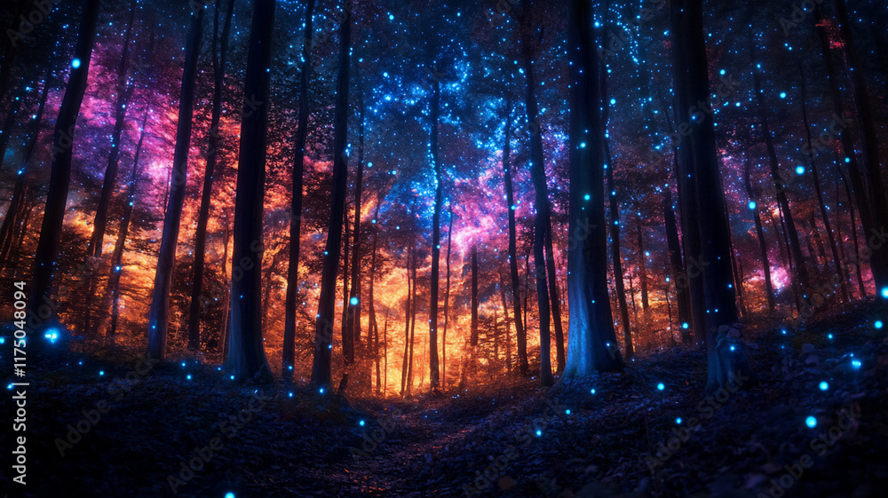 Dreamlike galactic scene with bioluminescent trees in vibrant hues Dreamlike galactic scene with bioluminescent trees in vibrant hues