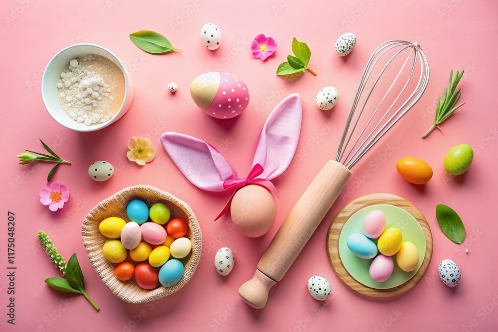 Pastel Pink Easter Baking Flat Lay: Colorful Eggs, Rolling Pin, Whisk & Bunny Ears Pastel Pink Easter Baking Flat Lay: Colorful Eggs, Rolling Pin, Whisk & Bunny Ears