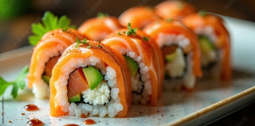 Vibrant sushi rolls; tuna, salmon, avocado, cream cheese, cream cheese, seafood, ingredients Vibrant sushi rolls; tuna, salmon, avocado, cream cheese, cream cheese, seafood, ingredients
