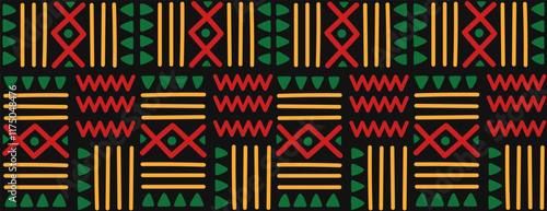 African geometric seamless pattern on black background. Abstract ethnic horizontal ornament. For greeting card, banner, textiles, wallpaper. Vector flat illustration.