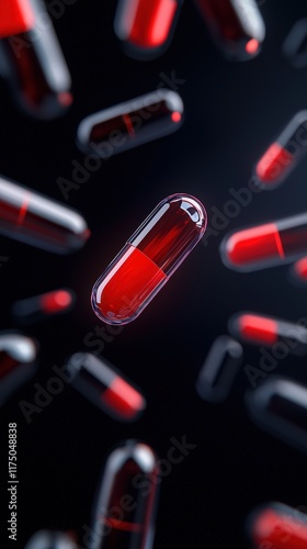 Vibrant Red Capsule Surrounded by Numerous White Pills on a Clinical Surface Creating a Futuristic Medical Atmosphere Evoking Health and Wellness photo