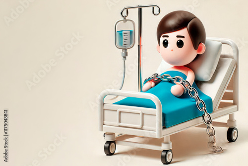 Man in bed with IV drip and chains. Space for text.