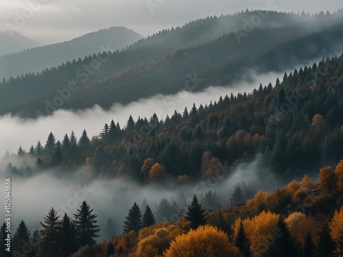 The season changes to winter the weather with Mountain and hill, Nature with fog