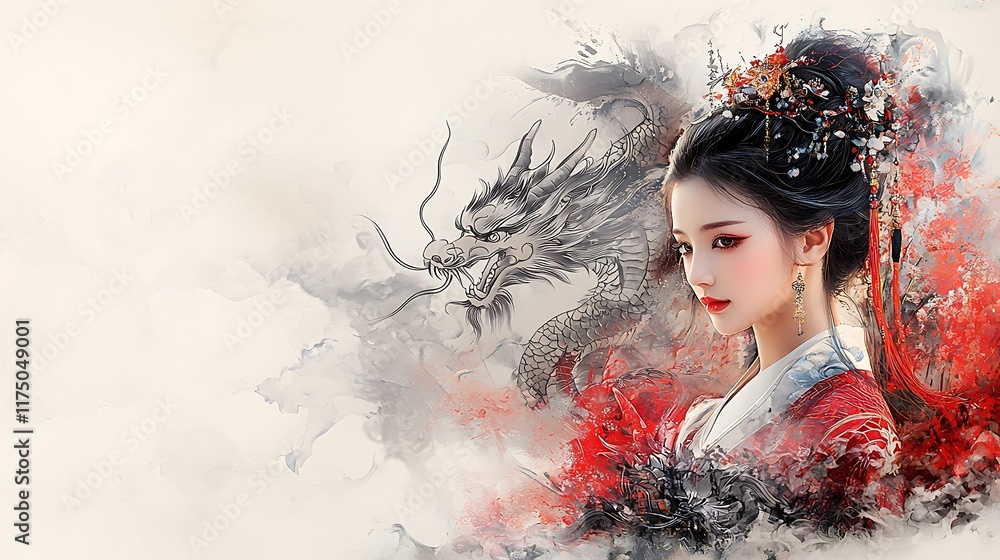 A beautifully crafted poster depicting an ancient woman holding scissors as she weaves intricate red patterns, surrounded by cultural motifs like a dragon, phoenix, and horseshoe. The design A beautifully crafted poster depicting an ancient woman holding scissors as she weaves intricate red patterns, surrounded by cultural motifs like a dragon, phoenix, and horseshoe. The design