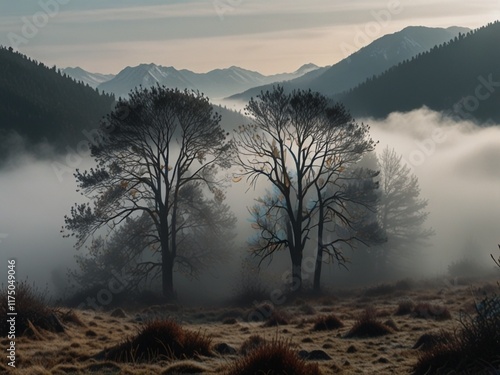 The season changes to winter the weather with Mountain and hill, Nature with fog