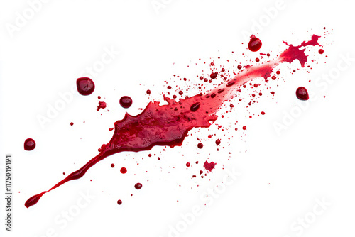 Blood splatter with a drip effect, trailing downward, isolated on a white background for a suspenseful visual