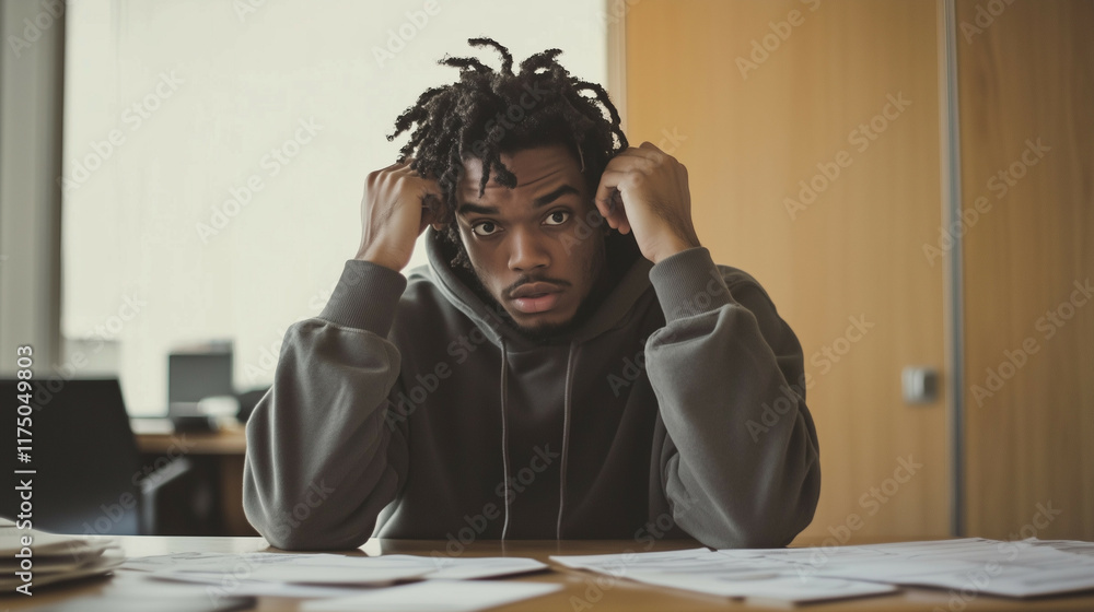 College student wearing a hoodie, slouched over his desk, hands in hair, frustrated, papers scattered, simple neutral backdrop, minimalist flat lighting.
