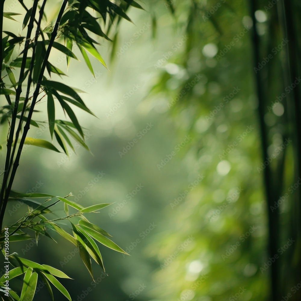 Obraz premium Lush green bamboo forest with soft light and bokeh.