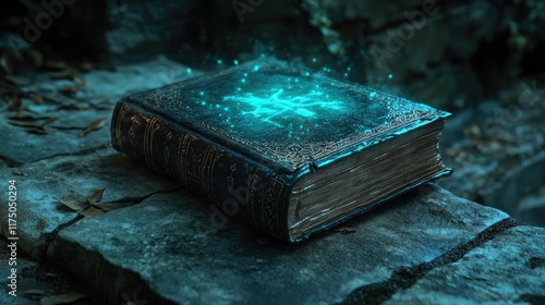 Ancient Book Glowing With Magical Cyan Energy photo