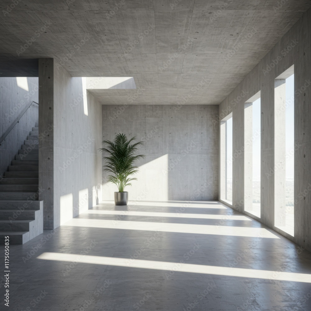 Minimalist architecture, concrete hallway, sunlight streaming through, diagonal shadows, potted plant, white brick walls, geometric shapes, clean lines, modern interior design, empty space, natural li Minimalist architecture, concrete hallway, sunlight streaming through, diagonal shadows, potted plant, white brick walls, geometric shapes, clean lines, modern interior design, empty space, natural li