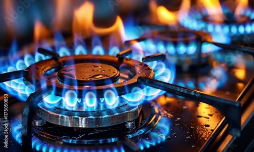  Blue gas flame on a kitchen stove, symbolizing rising gas prices. High quality FullHD footage photo