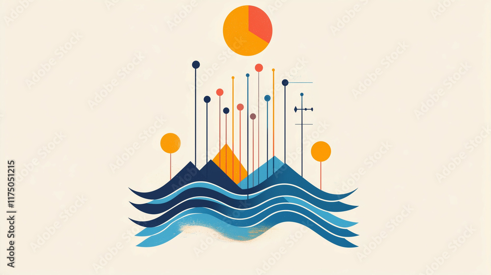 Flat design of a radio wave pattern intersecting minimalist shapes for World Radio Day. Flat design of a radio wave pattern intersecting minimalist shapes for World Radio Day.