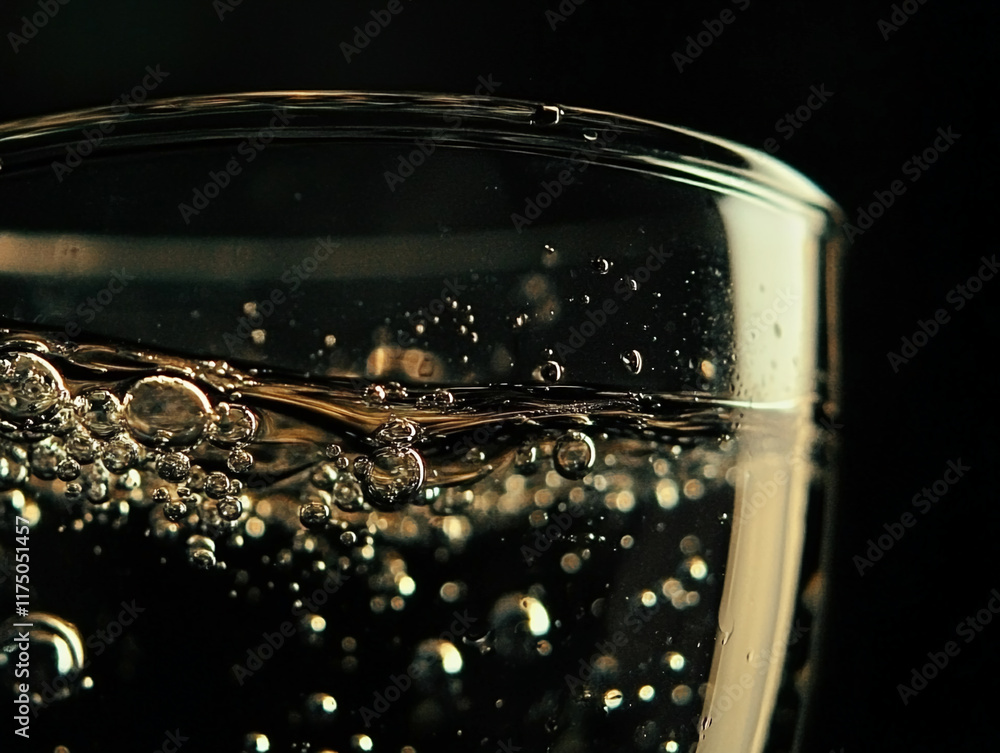 Close-up of sparkling golden bubbles in a glass with a dark background Close-up of sparkling golden bubbles in a glass with a dark background