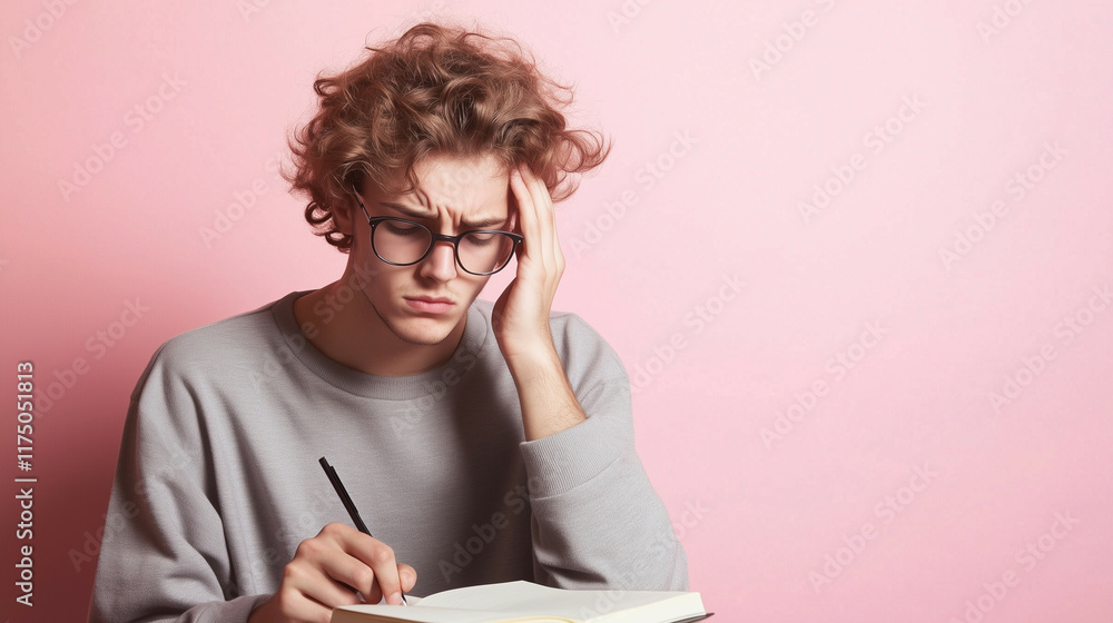 Frustrated male college student with glasses, staring at his notebook, hand on his forehead, plain studio background, soft shadows, simple composition. Frustrated male college student with glasses, staring at his notebook, hand on his forehead, plain studio background, soft shadows, simple composition.