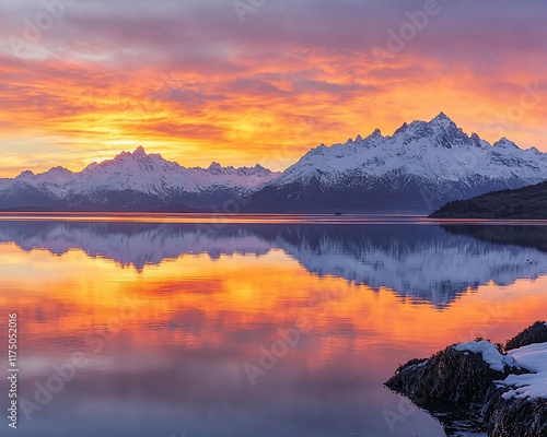 Wallpaper Mural Fiery sunrise over snow-capped mountains reflected in a calm lake. Torontodigital.ca