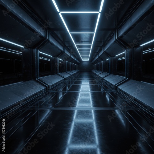 futuristic tunnel, sci-fi corridor, neon blue glow, geometric patterns, hexagonal shapes, dark metallic surfaces, cyberpunk aesthetic, perspective view, high-tech environment, symmetrical design, glow