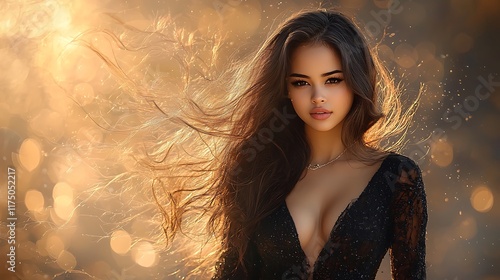 Beautiful woman captured in an artistic, empowering pose, with soft, glowing light to emphasize her elegance and captivating expression, ultra-realistic magazine centerfold style 