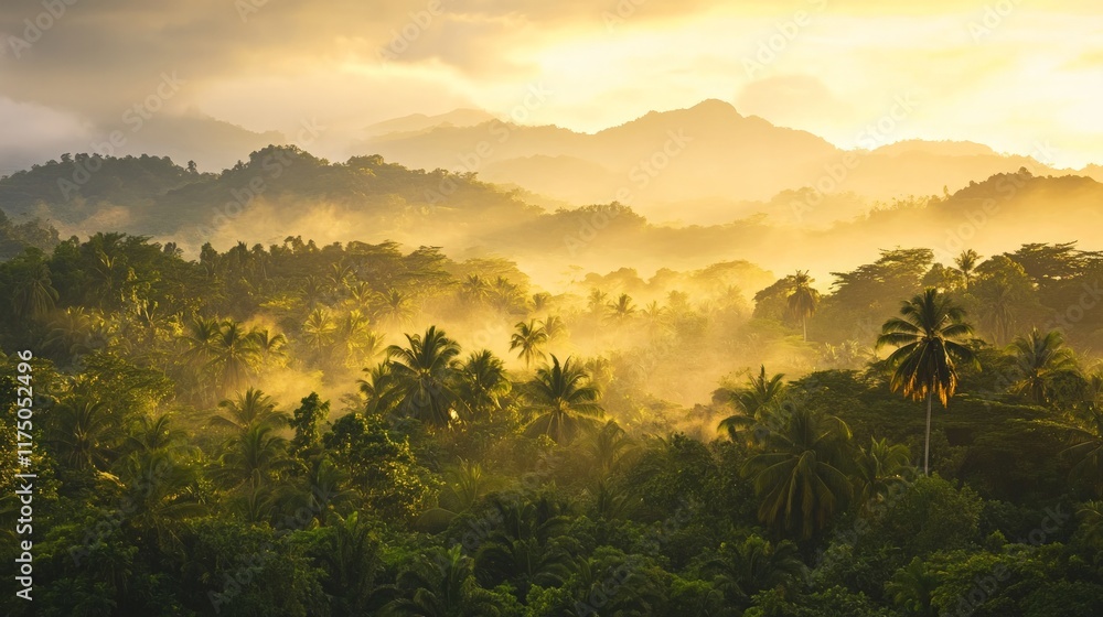 Naklejka premium Lush Tropical Forest Bathed in Golden Light at Dusk