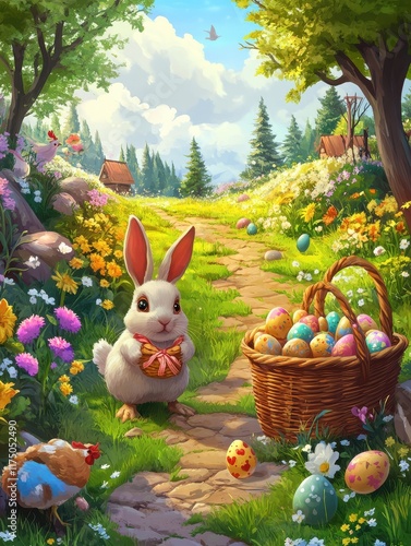 Eggs hunt. Easter puzzle game location with bunny and egg in garden or forest. Hare and chicken with basket, festive play hidden objects decent vector background photo