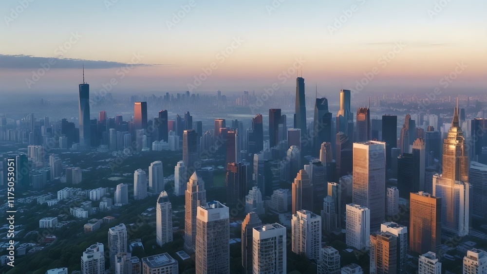 Fototapeta premium Aerial View of a Vibrant Modern City Skyline with Skyscrapers and Stunning Sunrise