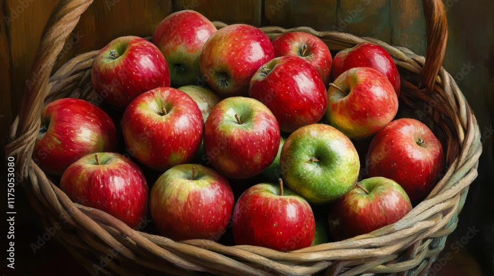 Red and green apples fill woven basket. Red and green apples fill woven basket.