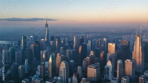 Aerial View of a Vibrant Modern City Skyline with Skyscrapers and Stunning Sunrise photo